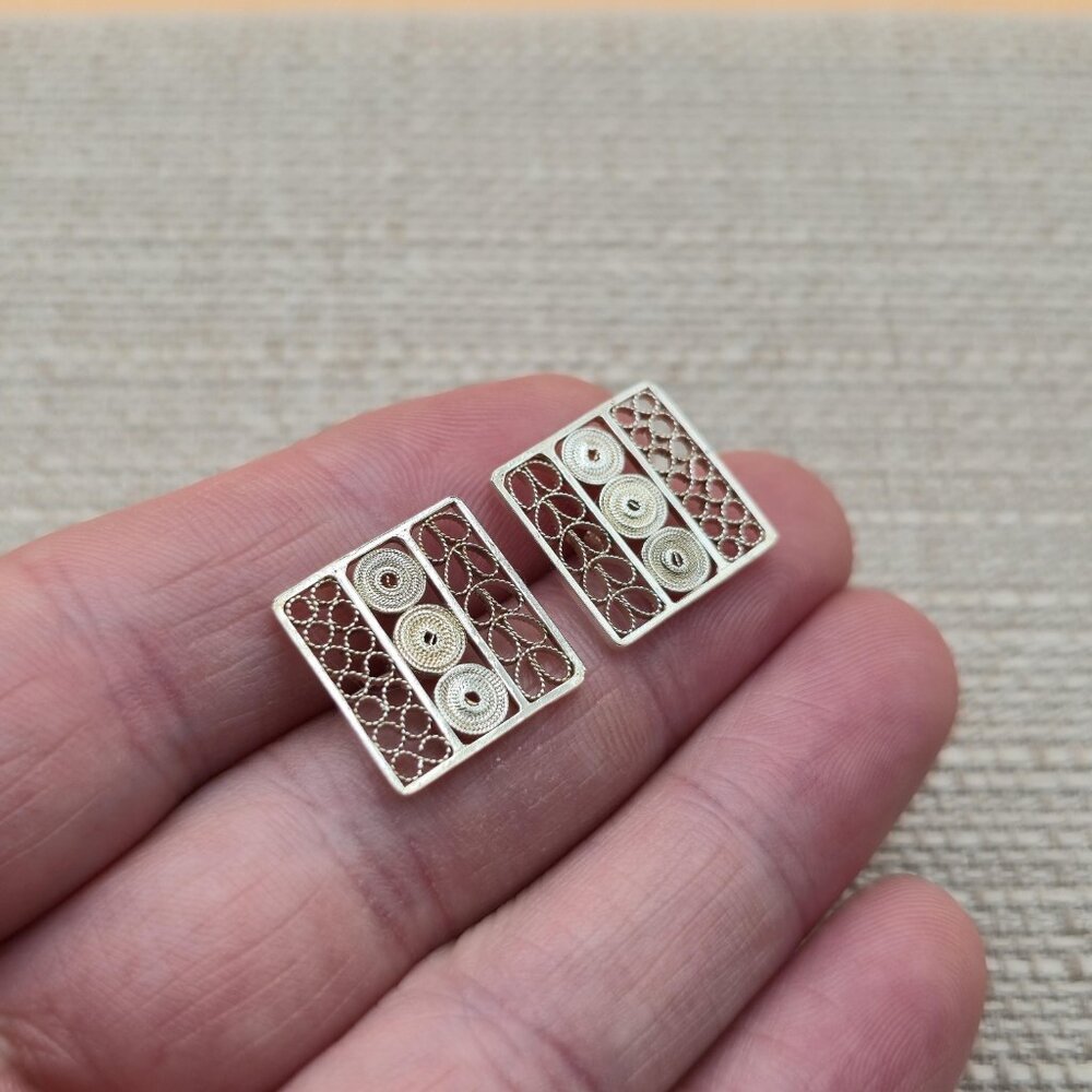 Sterling Silver Square Unique Pattern Stud Earrin… - image 2